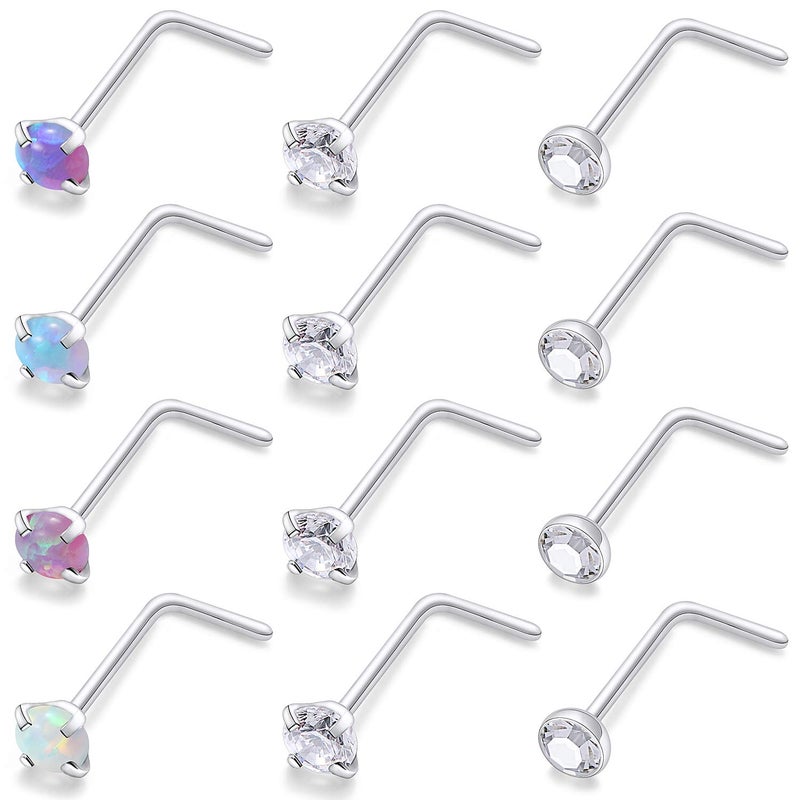 Cisyozi 22G Nose Rings Studs for Women Men Stainless Surgical Steel Silver L Shaped Bent Nose Nostril Rings Stud Set Piercing Jewelry for Women Men 1.5mm Diamond CZ Opal - Image 1